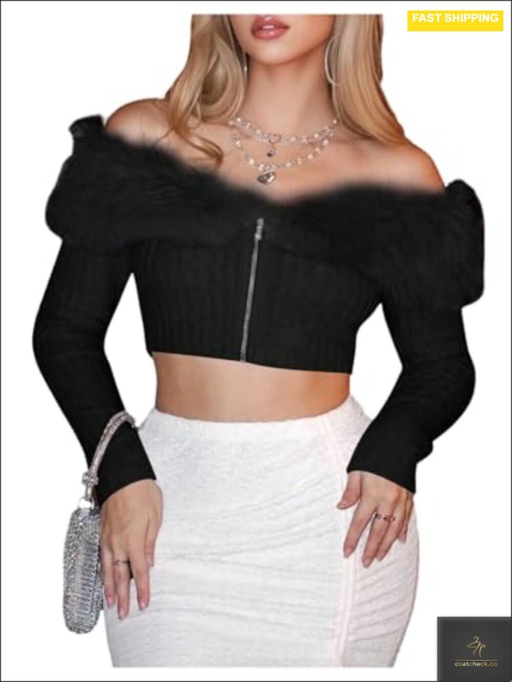 Faux Fur Off Shoulder Crop Jacket Long Sleeve Zip Front Furry Coat